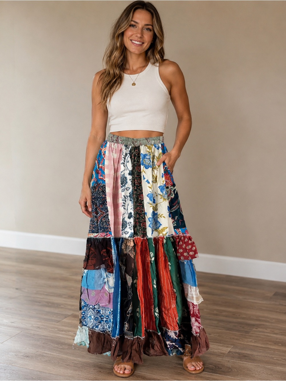 Boho Patchwork Wide Leg Pants Ruffle Hem one Size NWOT